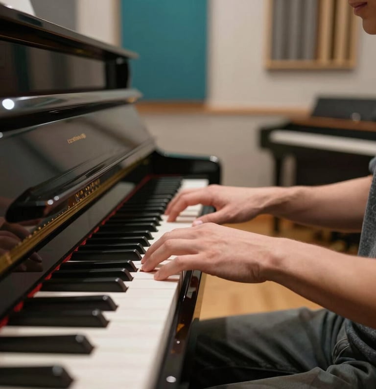 A clean, modern North American music studio with a high-end piano. A pair of hands is shown playing the keys in a warm, inviting setting with soft teal accents in the background.