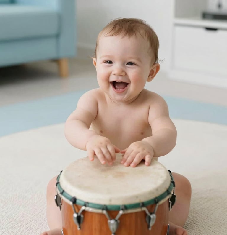 An overhead shot of a baby in a bright North American home setting, laughing while tapping on a colorful wooden drum. The surroundings are clean, modern, and decorated in soft sky blue and white.