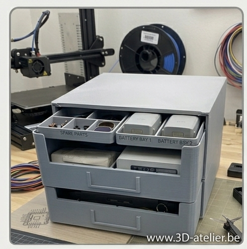 Custom 3D printed drone storage enclosure featuring organized drawers for spare parts and battery ba