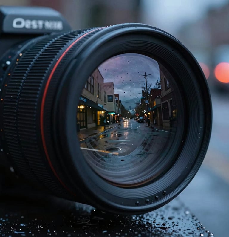 A close-up of a professional camera lens reflecting a moody, rain-slicked North American / Pacific Northwest urban street at night, dark slate gray and cadet blue highlights, sharp focus, discreet professional style.