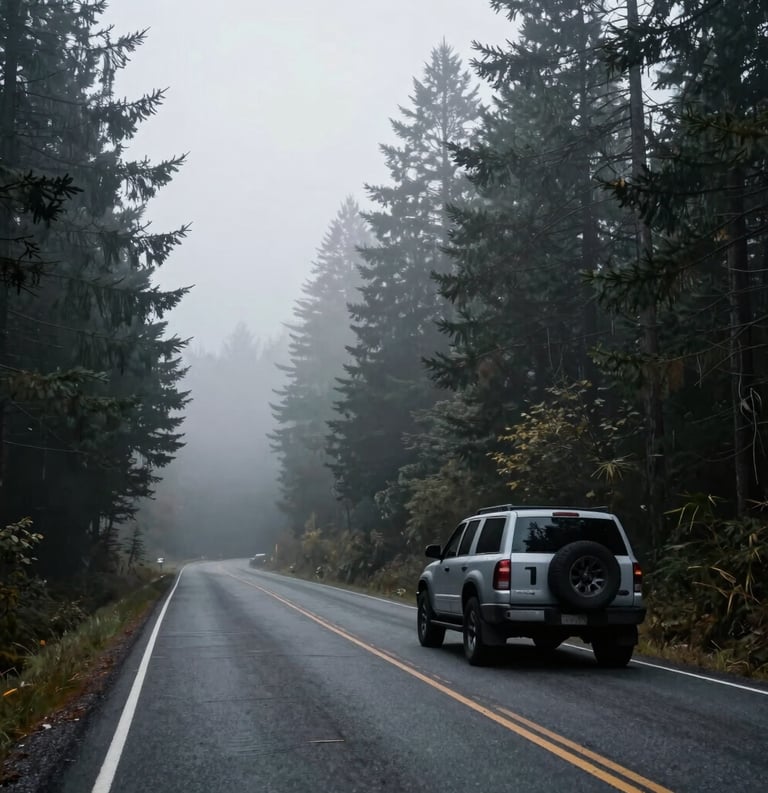 A moody wide shot of a vehicle parked on a forested road in the North American / Pacific Northwest, morning fog in white smoke and dark slate gray, pine trees in the background, cinematic and quiet.