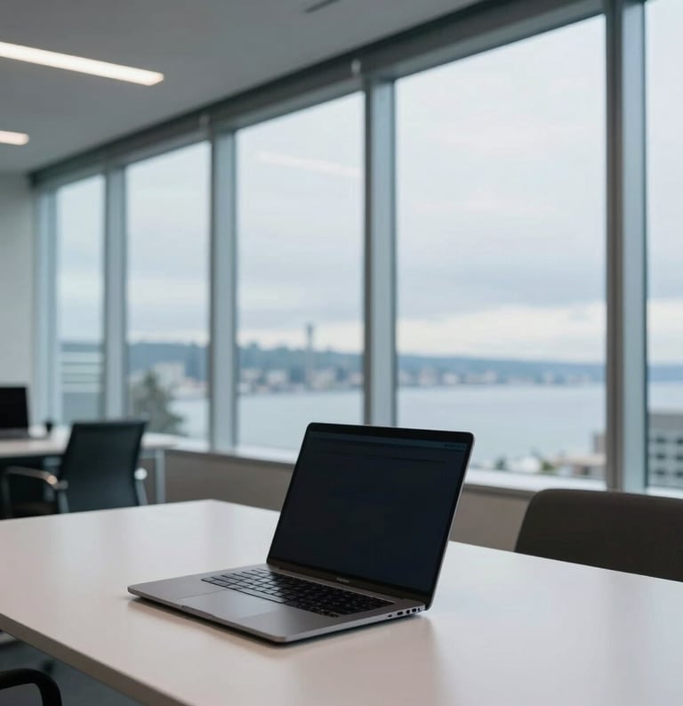 A modern, sophisticated office interior in Seattle with a view of the Puget Sound through floor-to-ceiling windows, white smoke and light steel blue tones, a clean desk with a single encrypted laptop, professional atmosphere.