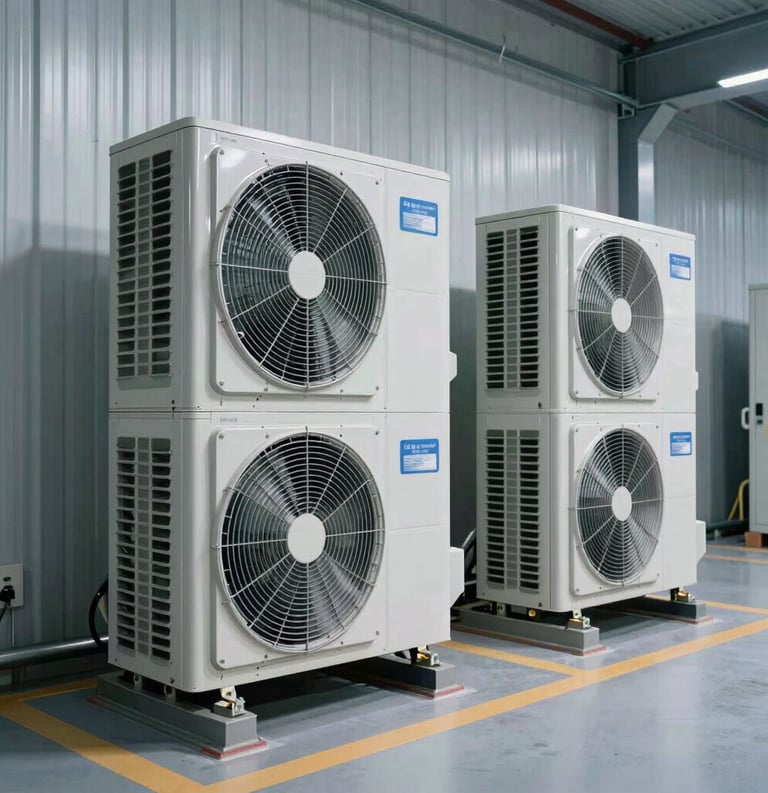 A sleek, modern North American building equipment room featuring state-of-the-art energy-efficient heating and cooling units, clean lines, professional industrial photography style.