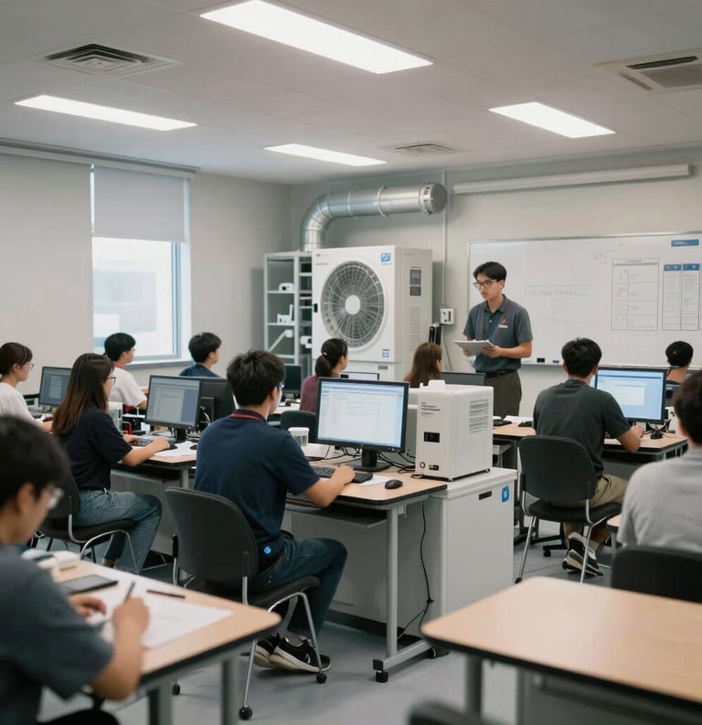 A modern, high-tech classroom with industry-standard equipment for HVAC training. The lighting is bright and authoritative. North American / US facility.