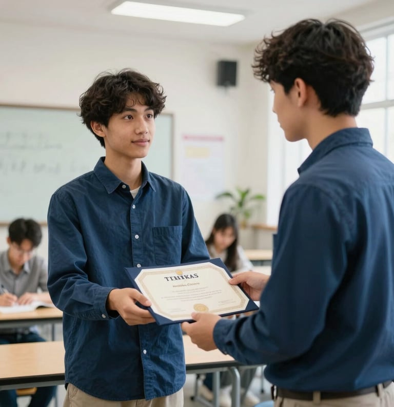 A student in a bright North American classroom receiving a certificate of achievement, clean modern aesthetic, natural lighting, featuring a palette of steel blue and off-white.