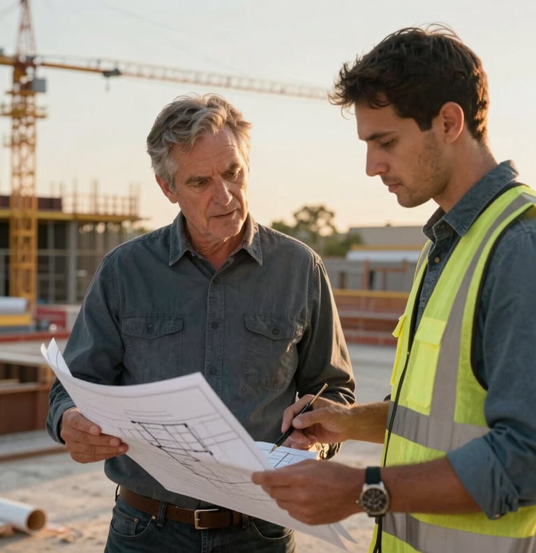 A mentor and an apprentice reviewing architectural blueprints on a North American commercial construction site, authoritative and professional composition, golden hour lighting.
