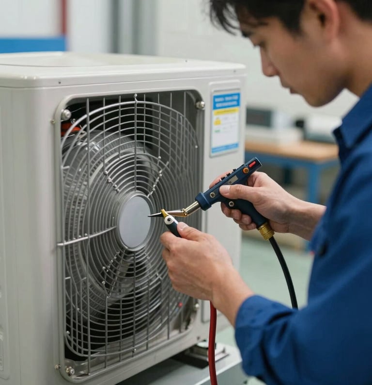 A close-up of a professional technician in a North American workshop setting, working on a complex HVAC system with specialized tools, soft natural light, clean and professional environment, featuring steel blue and blue-grey accents.
