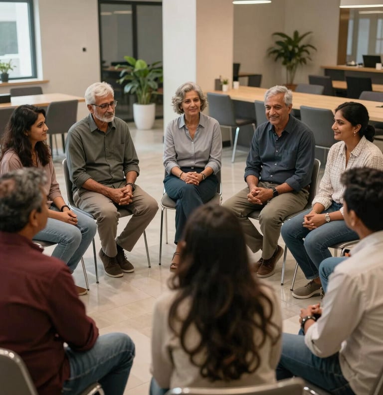 A supportive circle of South Asian / Indian individuals of various ages sitting in a modern community center, sharing experiences in a safe, compassionate environment.