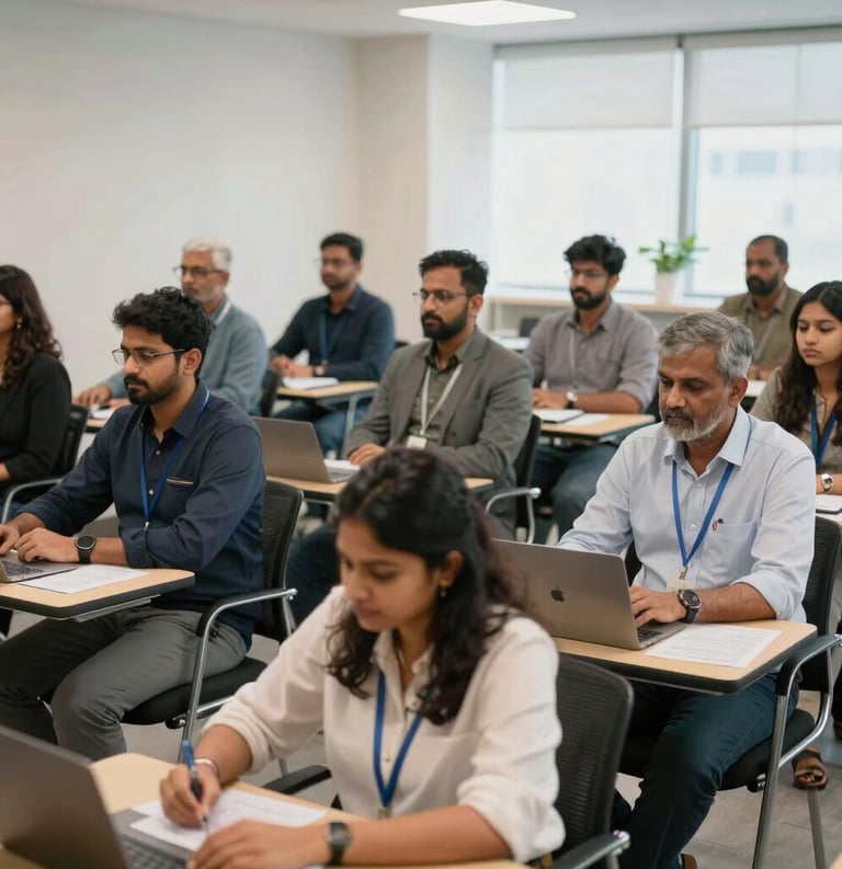 A group of South Asian / Indian educators and professionals attending a certification workshop in a bright, modern learning center with professional atmosphere.