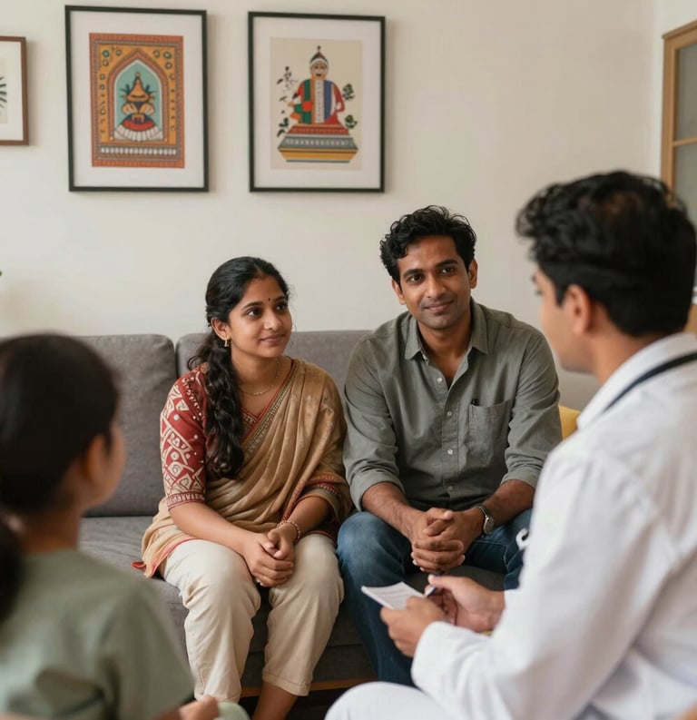 A South Asian / Indian therapist and a family sitting together in a warm office decorated with modern Indian art, soft indoor lighting, expressing trust and compassion.
