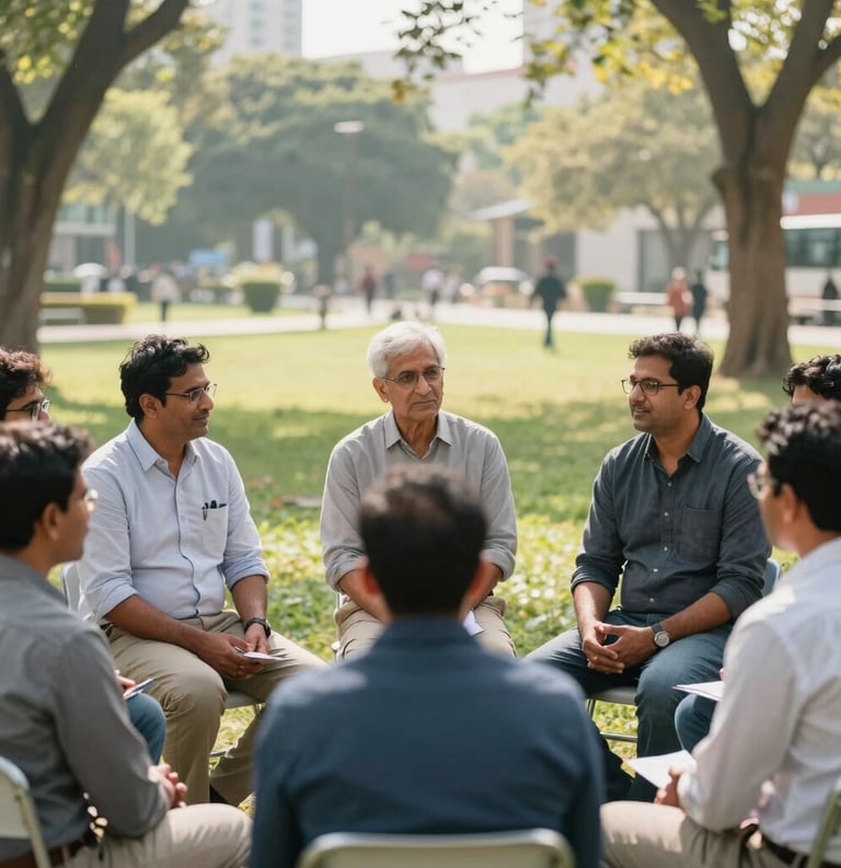 A group of South Asian / Indian community leaders gathered in a bright urban park, engaging in a friendly health awareness discussion, natural sunlight, professional photography, soft tones.
