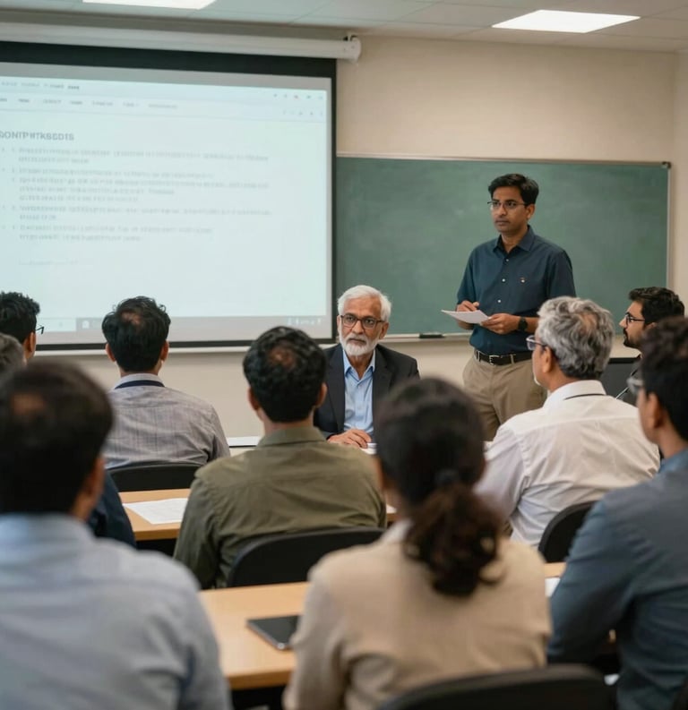 A group of South Asian educators and leaders in a brightly lit workshop setting, looking at a presentation, professional and engaged atmosphere, muted teal and tan decor.