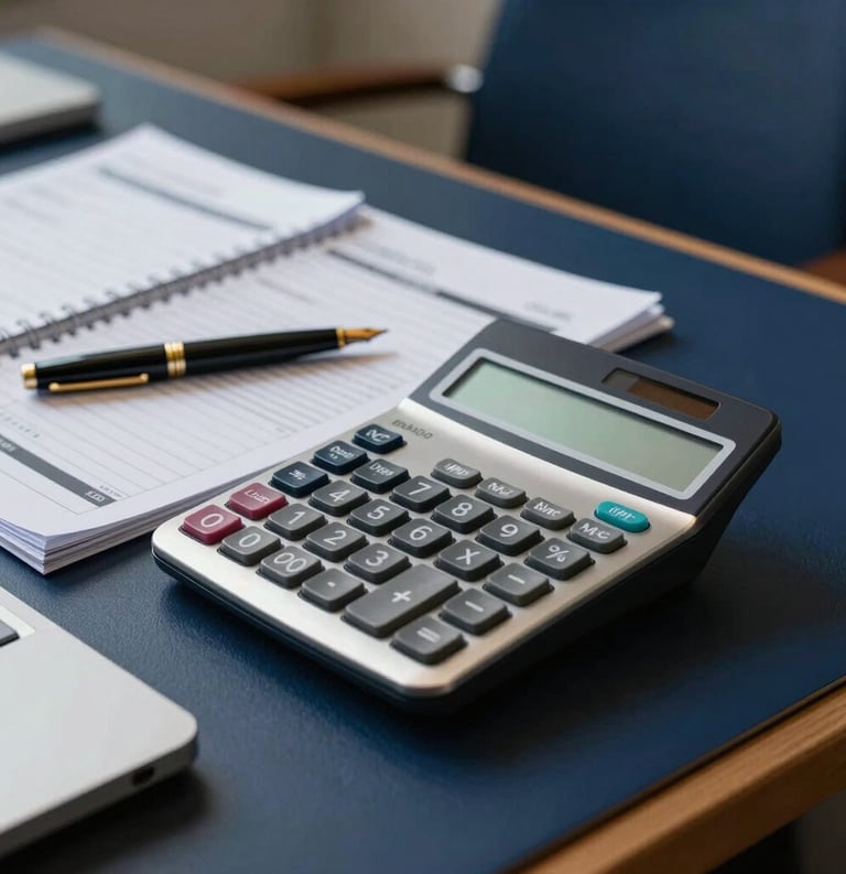 A close-up photograph of a professional desk in a Spanish office with a modern calculator, a fountain pen, and neatly organized accounting ledgers. The lighting is soft and corporate, with deep navy blue and gold accents in the decor.