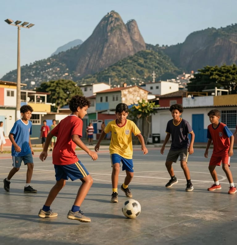 A dynamic photography shot of South American children playing soccer together on a urban community court in Rio de Janeiro. Warm afternoon sunlight, joyful expressions, and a background showing a vibrant neighborhood. Authentic and inspiring atmosphere.