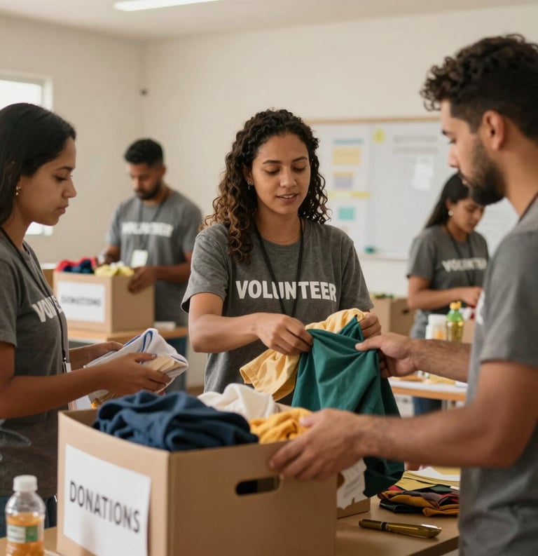 Heartwarming photograph of volunteers in a community center in Brazil organizing donation boxes of food and clothing. The scene shows organization, care, and a sense of shared purpose. Soft lighting, earthy palette colors, institutional and high-quality feel.