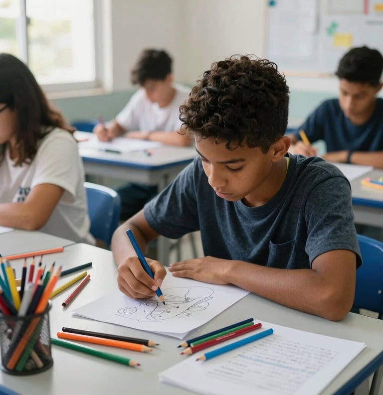 A candid shot of a South American teenager in Rio de Janeiro focusing on a drawing during a creative workshop. The classroom is filled with natural light, colorful supplies, and an atmosphere of artistic expression and quiet concentration. Modern and sophisticated photographic style.