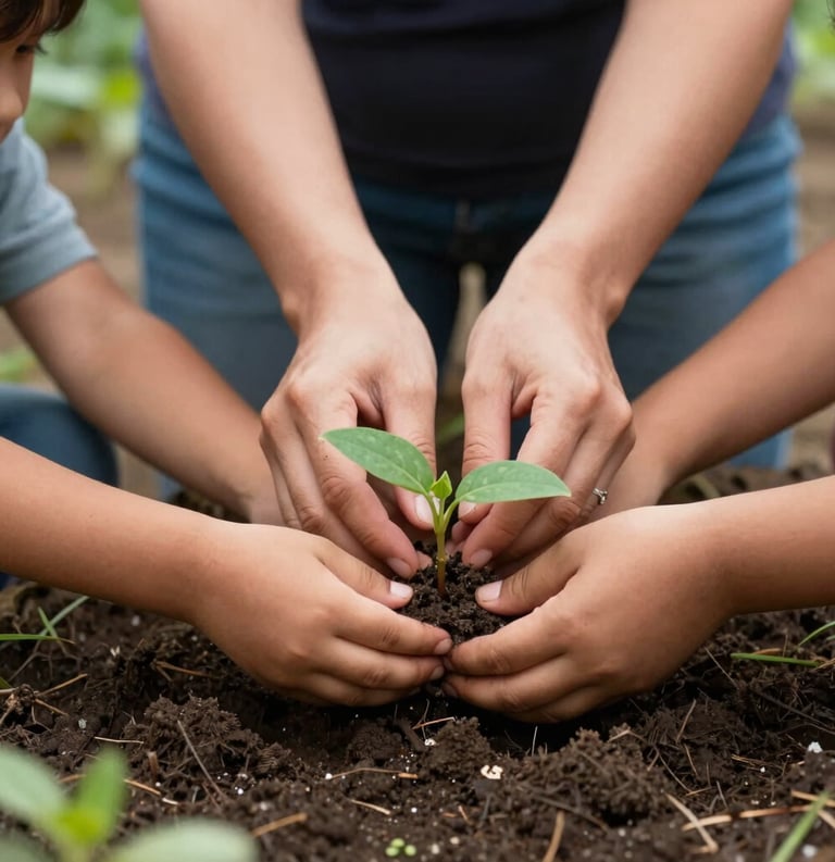 A close-up, heartwarming shot of a South American woman's hands guiding a child's hands as they plant a small sprout in a community garden. The lighting is soft and natural, emphasizing the concept of growth and care. Modern, professional photography with a focus on human connection.