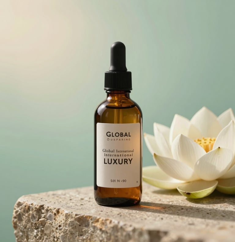 A close-up photograph of a dark glass bottle of luxury massage oil sitting on a polished stone surface next to a fresh white lotus flower. Soft, warm lighting creates a serene atmosphere, with a background of seafoam green and cream tones. Global / International Luxury style.