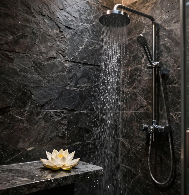 Photography of a luxurious shower room with dark slate walls and a rain shower head. Water droplets glisten on a smooth stone bench where a single lotus flower has been placed. Global / International Luxury spa interior.