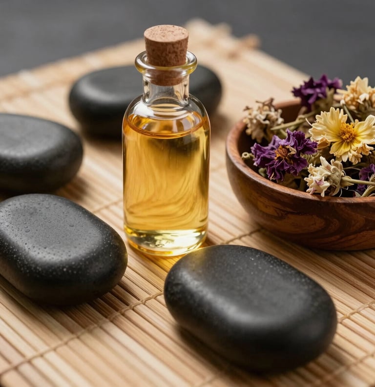 A serene arrangement of dark massage stones, a glass bottle of amber-colored oil, and a wooden bowl of dried flowers on a bamboo mat, Global / International Luxury.