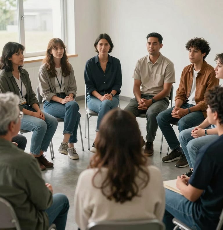 A group of community members in an International / Diverse Community sitting in a circle during a local meeting, expressing collaboration and hope, soft natural lighting.