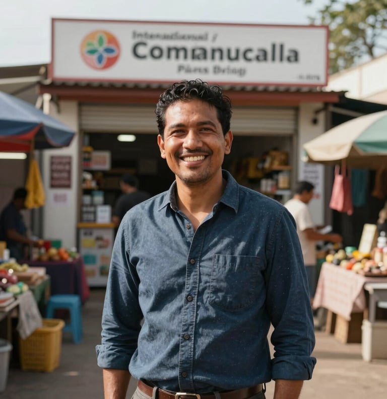 A successful local entrepreneur proudly standing in front of their small business in a vibrant market, International / Diverse Communities. Clear, sharp photography with warm lighting emphasizing success and growth.