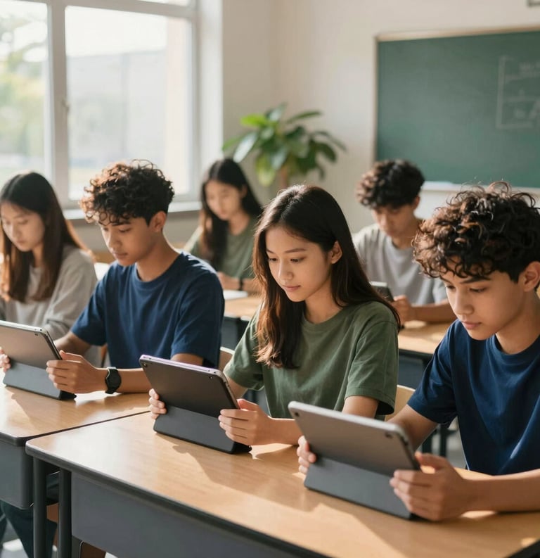 A group of diverse students in a bright, modern classroom within an International / Diverse Communities setting, using tablets for learning. The scene is lit with warm, natural sunlight, featuring touches of deep blue and forest green in the environment.