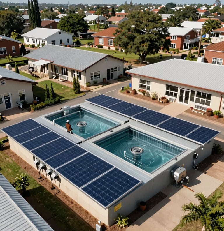 Sustainable infrastructure such as solar panels and water filtration systems integrated into a community center, sun-drenched outdoor setting, International / Diverse Communities. Professional architectural photography style.
