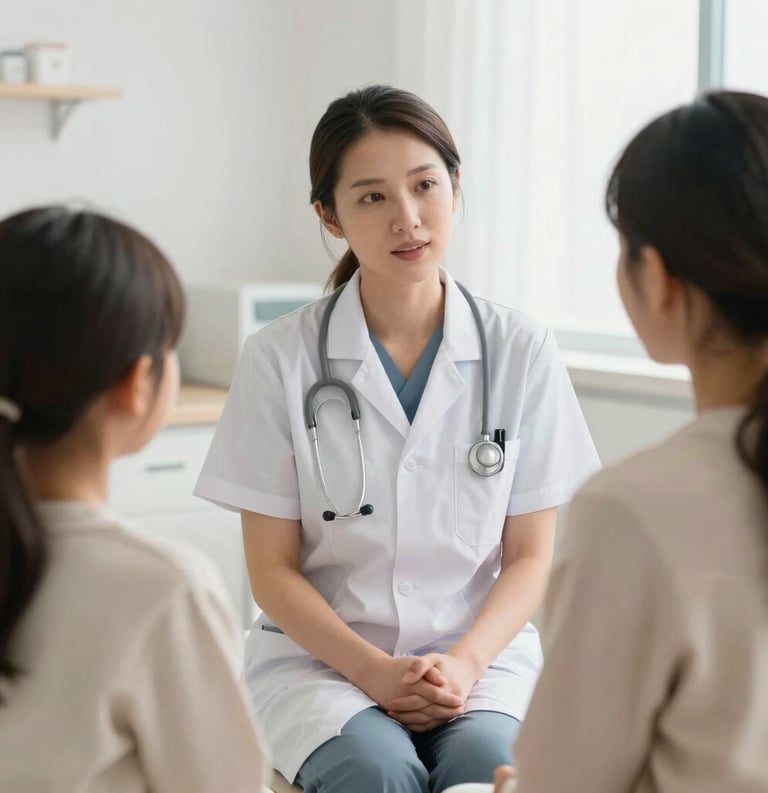 A caring healthcare professional in a clean, professional clinic setting, talking to a family in an International / Diverse Communities region. Bright, high-key photography with a sense of integrity and hope, using white and light beige tones.