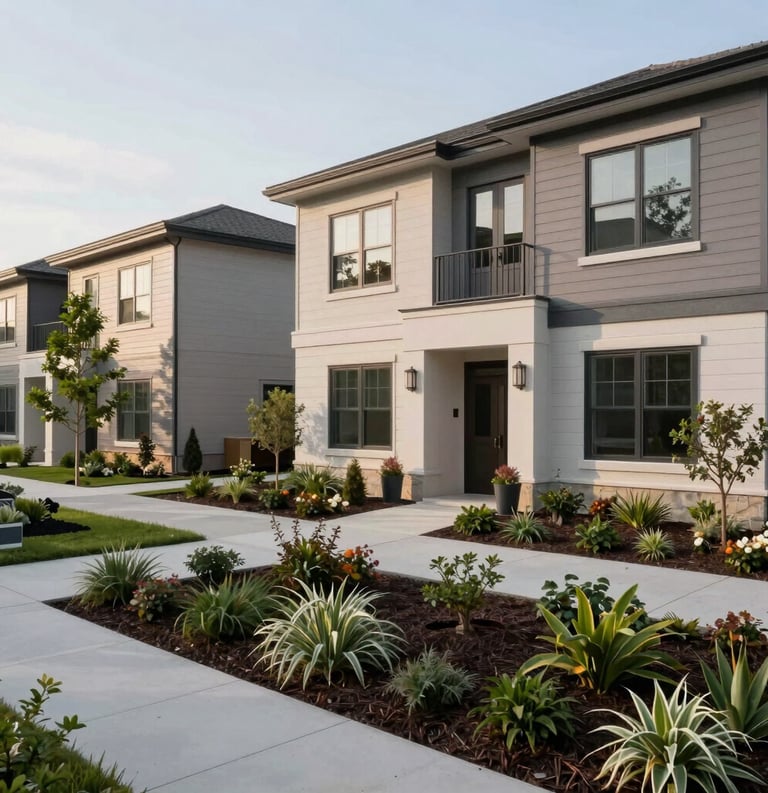 A professional photography shot of a North American residential development with clean, modern architecture and sustainable landscaping.