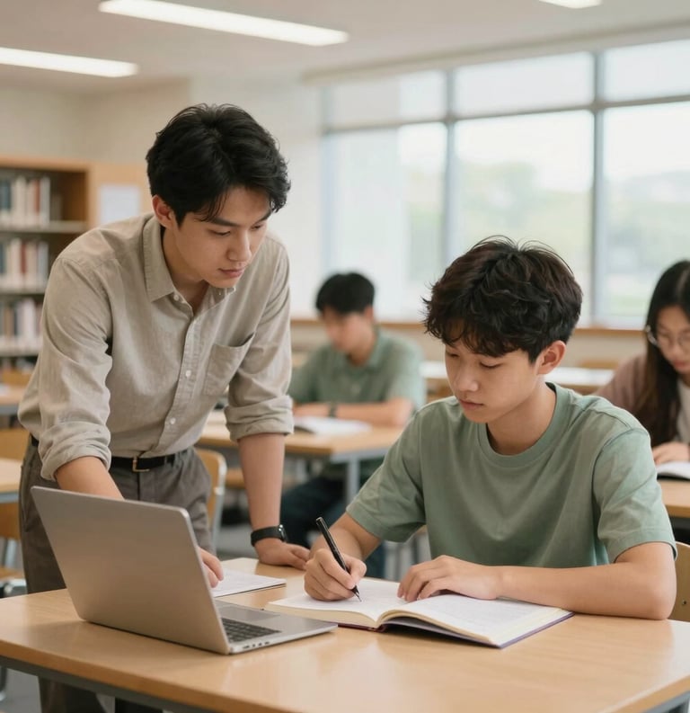A North American / US youth in a focused study environment, like a modern public library. The composition uses soft, natural light and a palette of beige and sage green to evoke a sense of professional guidance and quiet opportunity.