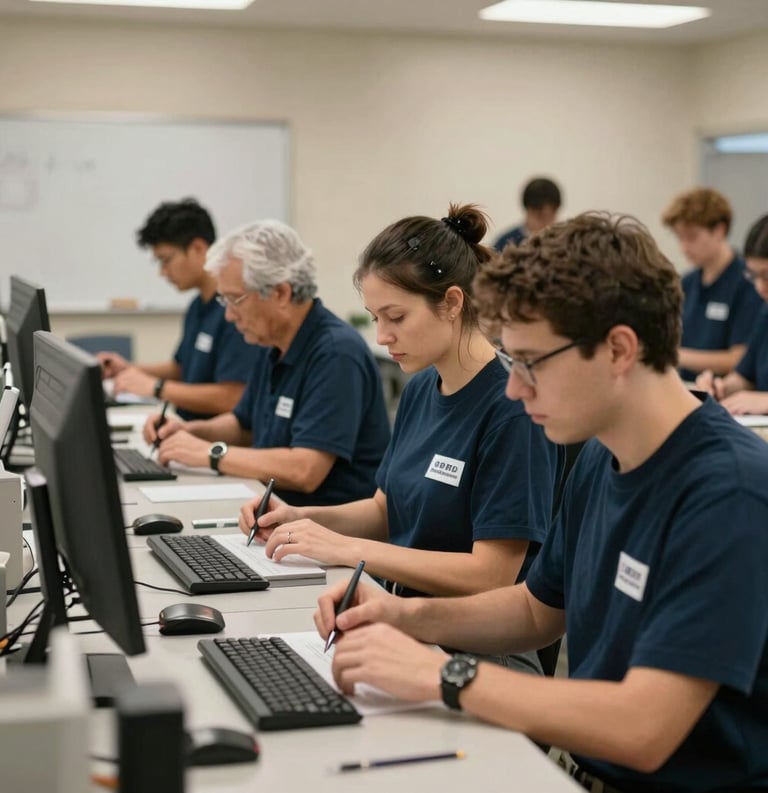 A professional North American / US vocational training setting where individuals are learning a skilled trade. The environment is orderly and inspires confidence, with a color palette including dark slate and beige to represent stability and strength.