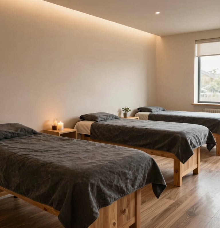 A tranquil photography shot of a wellness center in the North American / US, featuring clean lines, natural wood elements, and a calm beige and dark slate color scheme. The lighting is warm and welcoming, reflecting health and social well-being.