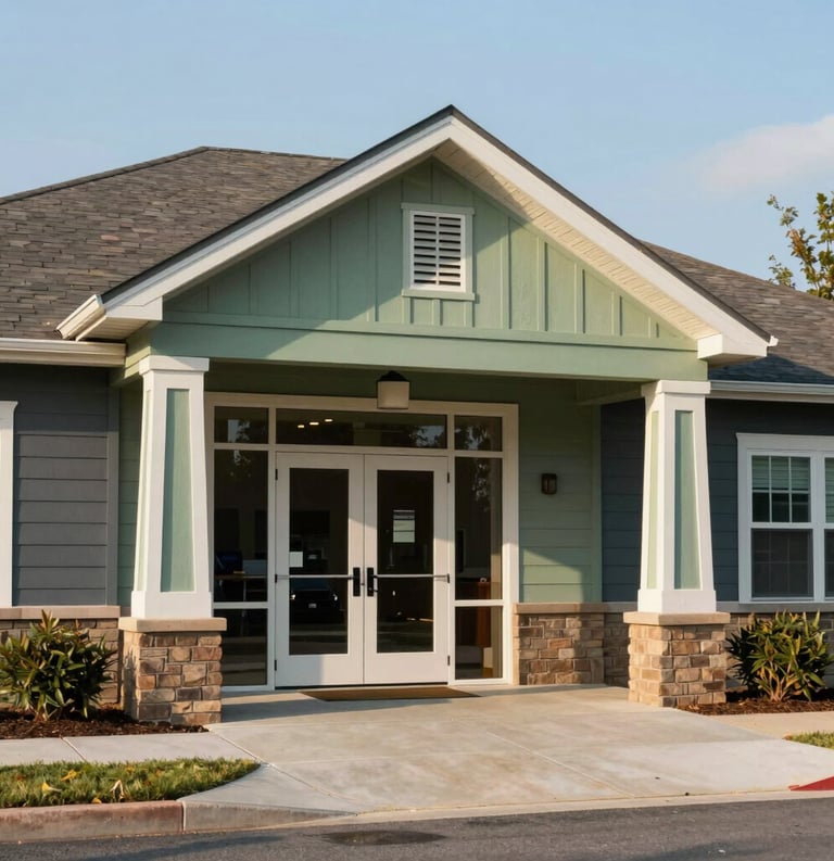 A clean, professional photograph of a community center entrance in a North American / US suburban neighborhood. The lighting is bright and morning-like, with subtle hints of sage green and dark slate in the architecture, emphasizing stability and safety.