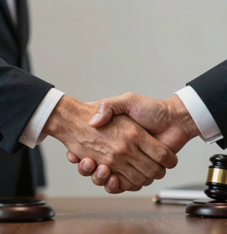 A close-up photography of a firm handshake between two people in a professional North American setting, symbolizing trust and a legal agreement.