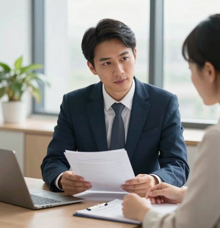 A professional legal advocate in business attire reviewing documents with a client in a bright, modern office in the US. The room is filled with soft natural light and the atmosphere is one of focused empathy. Prussian Blue and Honeydew color accents appear in the decor.
