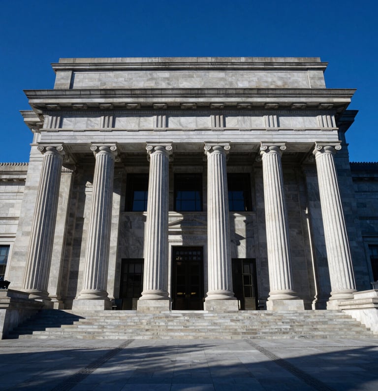 A North American courthouse entrance with grand stone pillars under a clear blue sky. The composition is wide and professional, suggesting stability and justice. The colors are crisp with high contrast, highlighting the Prussian Blue shadows.