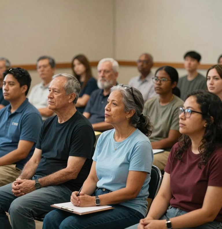 A group of diverse community members listening to a speaker in a North American civic hall. The focus is on the engaged expressions of the audience, conveying empowerment and education. The lighting is warm and natural, using a Honeydew and Powder Blue palette.