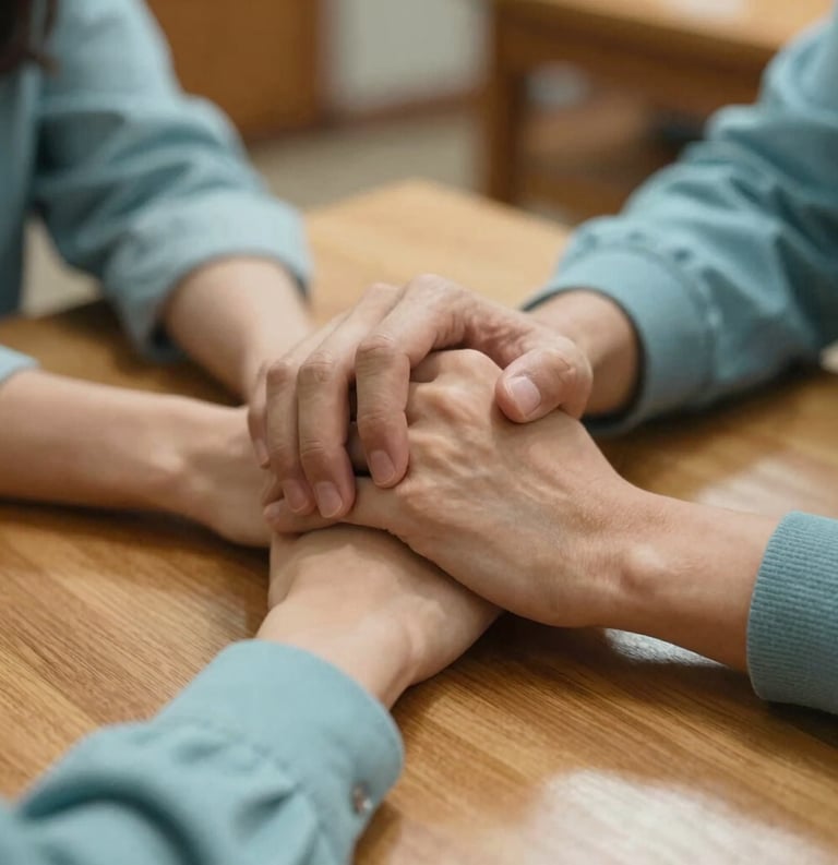 A close-up photograph of two people's hands clasped together across a wooden table, conveying trust and support. The setting is a warm North American community center. Soft Honeydew and Celadon Blue tones are present in the lighting.