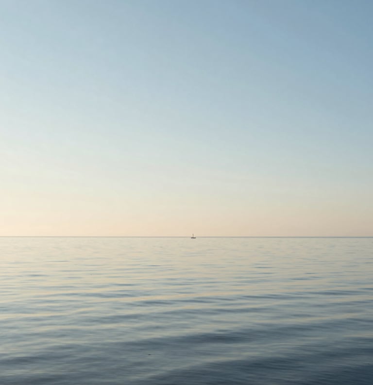 A serene coastal landscape in Denmark with calm water and a clear horizon, reflecting a sense of peace and progress. Soft morning light in off-white and steel blue tones.
