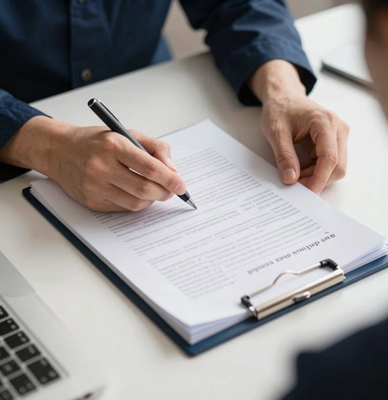 A high-angle photograph of a specialist's hands reviewing documents on a clean desk, highlighting precision and expertise, with soft morning light and navy blue accents.