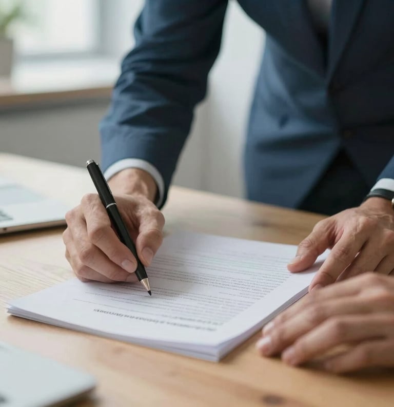 A close-up photograph of two sets of hands reviewing a professional document on a wooden desk in a bright, modern Northern European office. Soft daylight, professional atmosphere with steel blue and light blue accents.