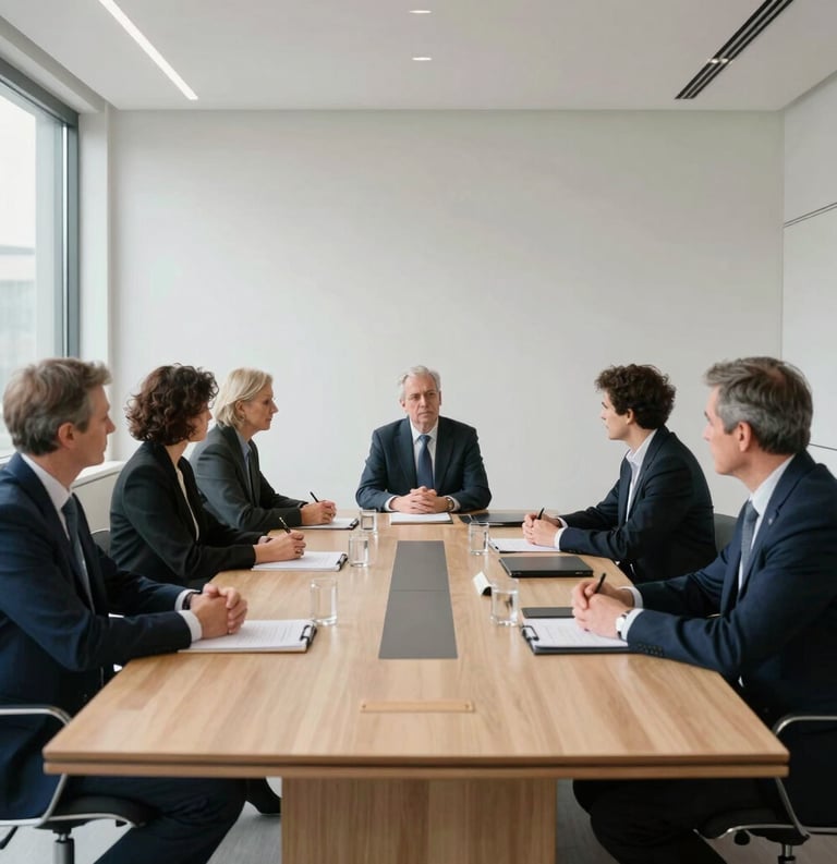 A wide shot of a professional meeting in a minimalist Danish boardroom with large windows. People are engaged in a calm, respectful discussion. The palette features dark blue and off-white tones.