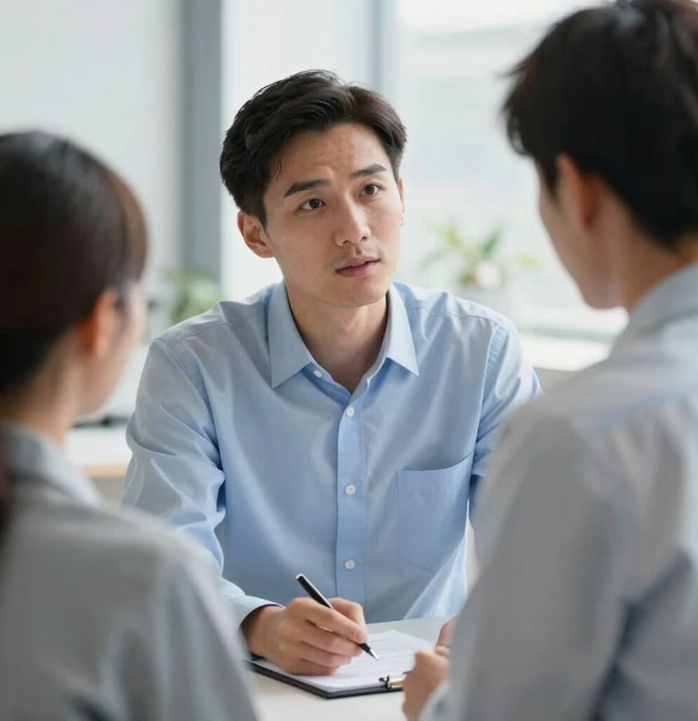 A professional specialist in a light blue shirt talking empathetically to a client in a bright, modern interior. Northern European style, soft lighting, conveying trust and progress.