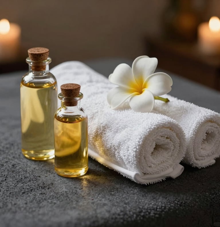 A close-up photograph of a professional South Asian / Indian spa setting featuring gold massage oils in glass bottles next to rolled white towels and a single frangipani flower, soft warm lighting, charcoal gray accents.