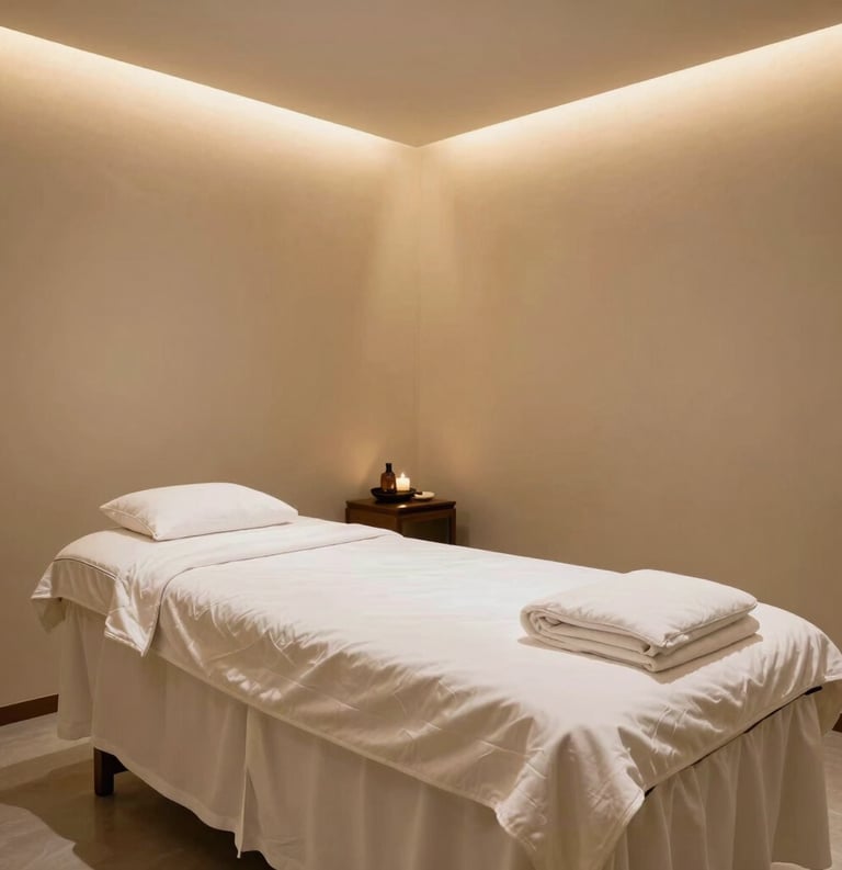 A wide shot of a luxurious South Asian / Indian spa room with beige walls, a professionally prepared massage bed with high-quality white linens, and soft ambient gold lighting creating a peaceful mood.