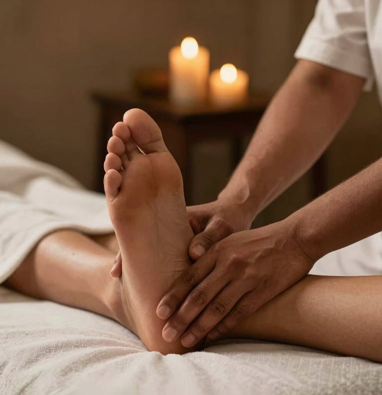 A peaceful photograph of a South Asian / Indian wellness therapist's hands performing a foot reflexology treatment, warm golden candle light in the background, elegant and professional atmosphere.
