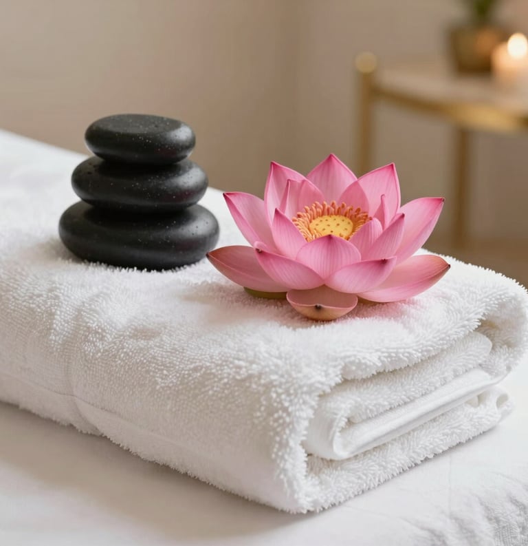 A serene photography shot of folded white luxury towels topped with a single pink lotus flower next to a set of stacked black therapy stones. The background is a soft-focus beige spa interior with gold accents.