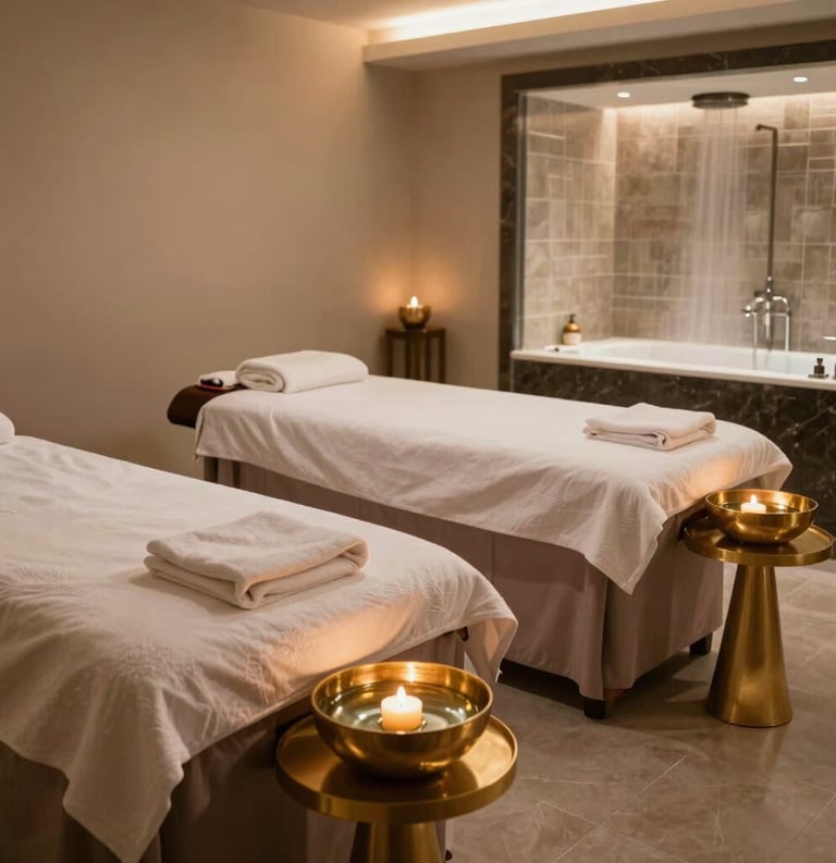 An interior shot of a premium South Asian / Indian spa's couple suite, featuring two elegant massage tables, gold accents, floating candles in a bowl of water, and a modern steam room in the distance.