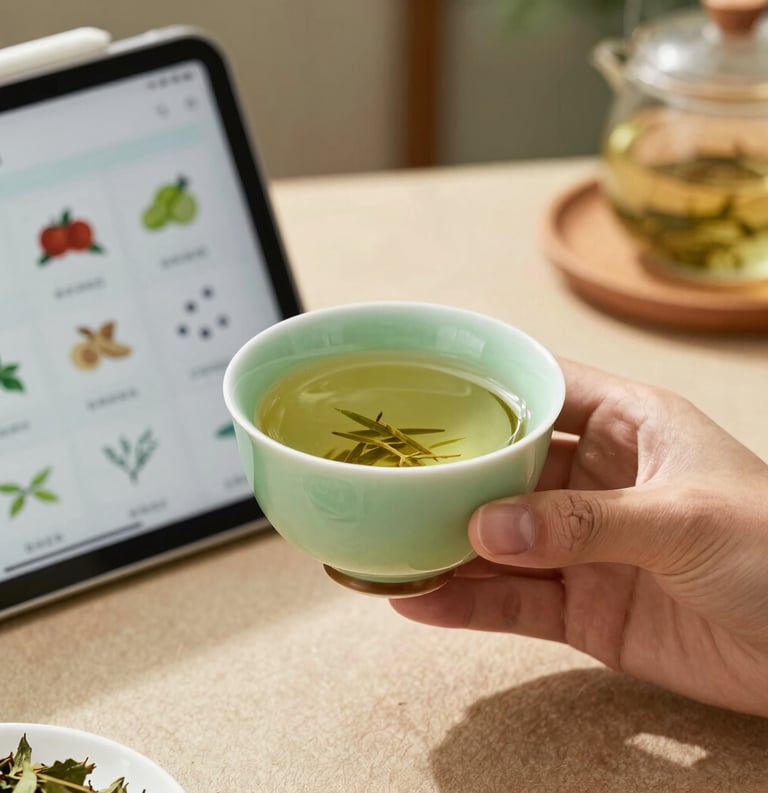 Detail shot of a professional hand holding a light green herbal tea cup next to a modern tablet displaying health charts in a North American setting.